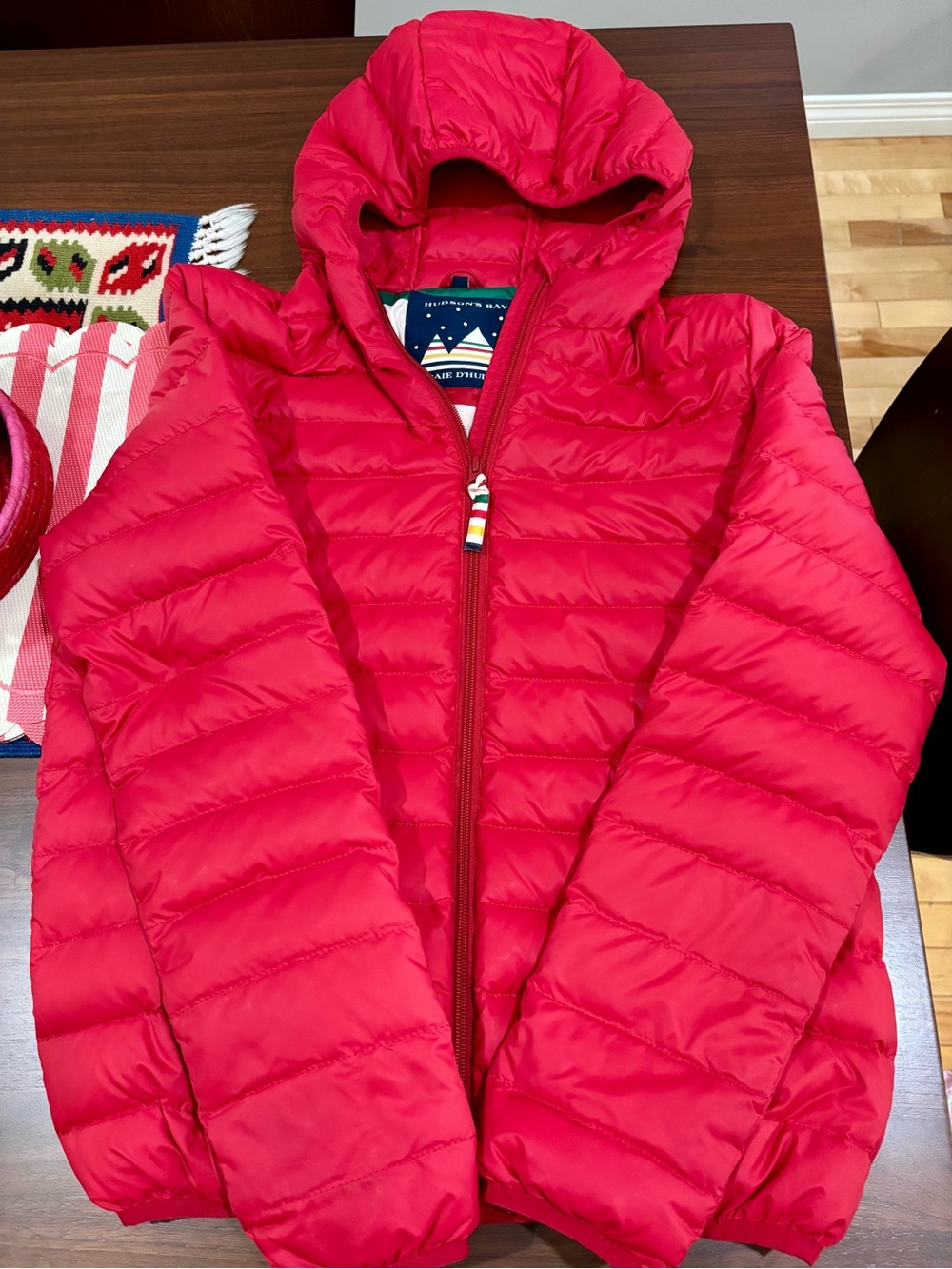 Hudson's Bay HBC Stripes Short Hooded Down Puffer Jacket Size Small - Picture 1 of 5
